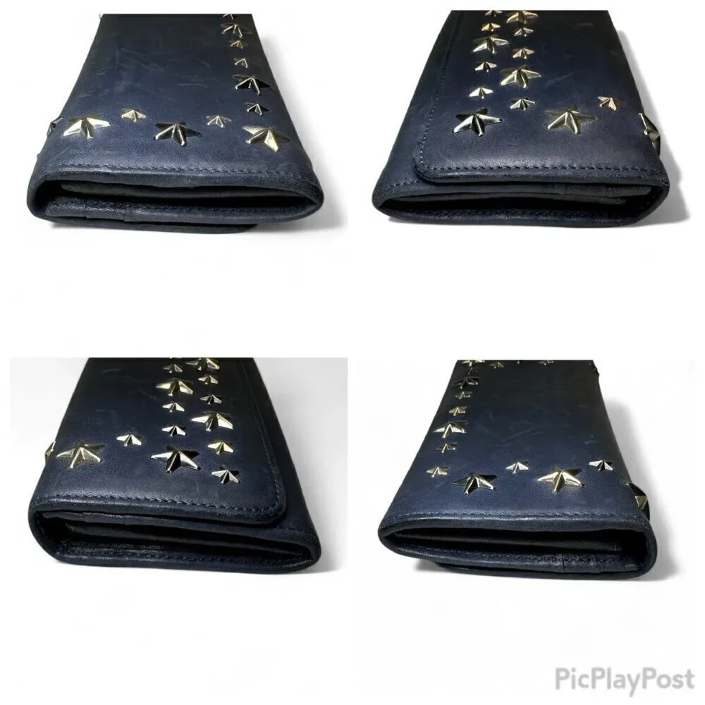 Jimmy Choo Navy Blue Long Leather Wallet with Silver Star Studs